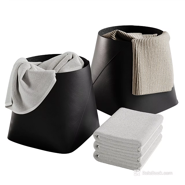 Black Bathroom Storage Bins With Towels And Stacked Towel Sets 3d model 