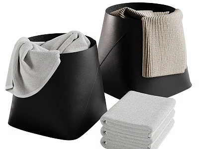Black Bathroom Storage Bins With Towels And Stacked Towel Sets 3d model