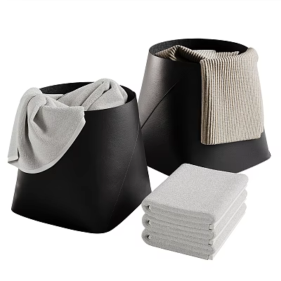 Black Bathroom Storage Bins With Towels And Stacked Towel Sets 3d model