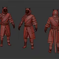 Fantasy Character Design With Red Gold Outfit Horned Helmet And Sword From Three Angles