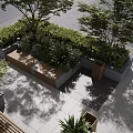 Outdoor Landscape Seat In Park With Wooden Structure Green Plants And Stone Pavement