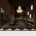 Elegant Dining Room Interior With Chandelier Dining Table Wine Rack And Colorful Wall Panels