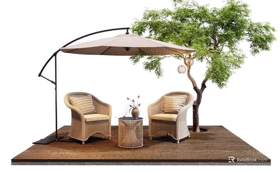 Outdoor Landscape Seats With Rattan Design Umbrella Tree And Wooden Floor Setup 3d model 