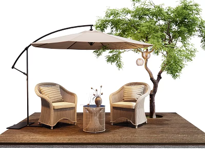 Outdoor Landscape Seats With Rattan Design Umbrella Tree And Wooden Floor Setup 3d model