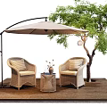 Outdoor Landscape Seats With Rattan Design Umbrella Tree And Wooden Floor Setup
