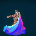 Sci Fi Game Character In Mech Suit Holding Gun With Rainbow Light Below Dark Background