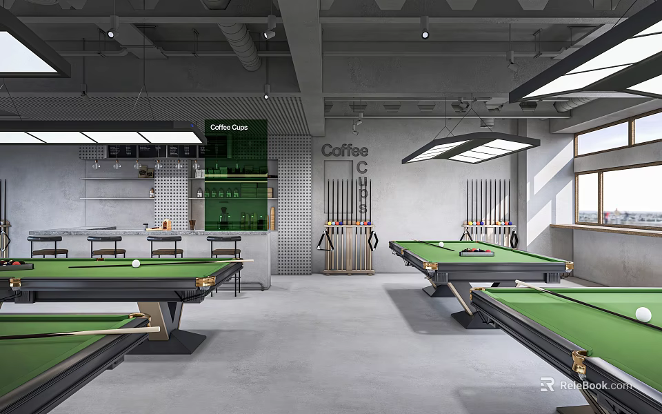 Modern Billiard Room Interior With Green Felt Pool Tables Hanging Lights And Cue Racks 3d model 