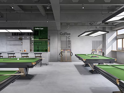 Modern Billiard Room Interior With Green Felt Pool Tables Hanging Lights And Cue Racks 3d model