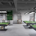 Modern Billiard Room Interior With Green Felt Pool Tables Hanging Lights And Cue Racks