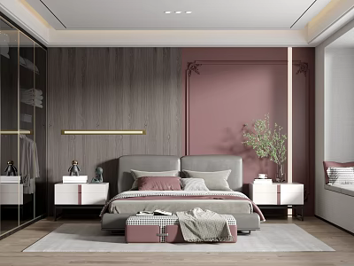 Modern Bedroom Interior Design With Gray Upholstered Bed Pink Wall Wooden Texture And Gold Accents 3d model