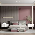 Modern Bedroom Interior Design With Gray Upholstered Bed Pink Wall Wooden Texture And Gold Accents