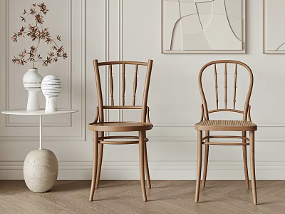 Comfortable Wooden Leisure Chairs in Modern Interior with White Walls Decorative Paintings Small Table Vase 3d model
