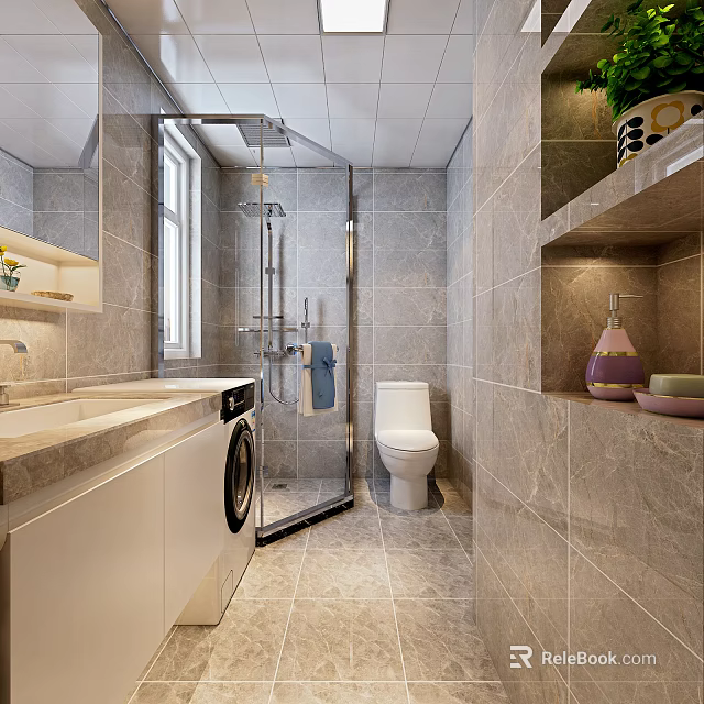 Modern Light Gray Marble Bathroom With Glass Shower Enclosure Toilet Sink And Washing Machine 3d model 