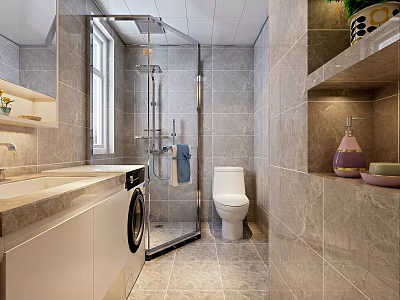 Modern Light Gray Marble Bathroom With Glass Shower Enclosure Toilet Sink And Washing Machine 3d model