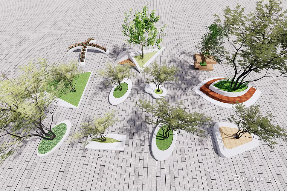 Modern Tree Planters With Various Shapes And Green Plants On Paved Ground 3d model