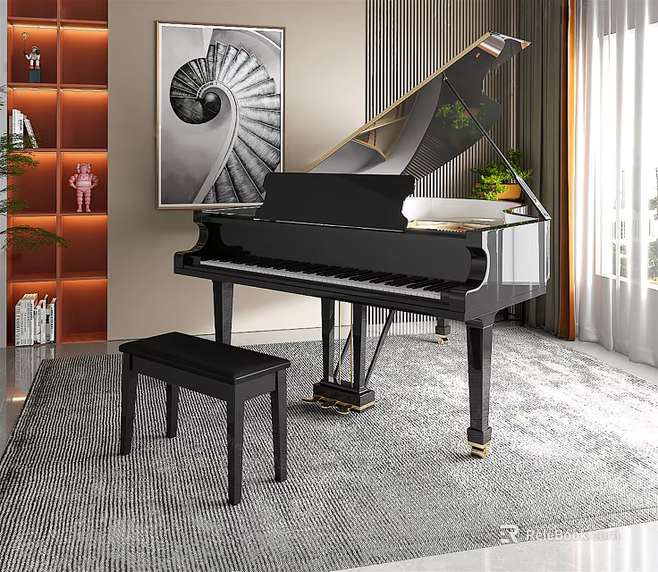 Elegant Interior With Black Grand Piano Spiral Painting Bookshelf Green Plants And Window 3d model 