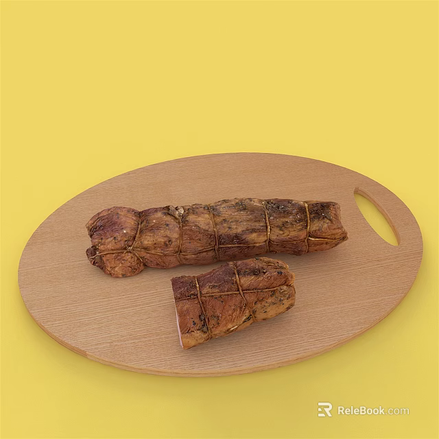Juicy Roasted Meat Chunks on Wooden Cutting Board Against Yellow Background 3d model 