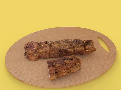 Juicy Roasted Meat Chunks on Wooden Cutting Board Against Yellow Background 3d model