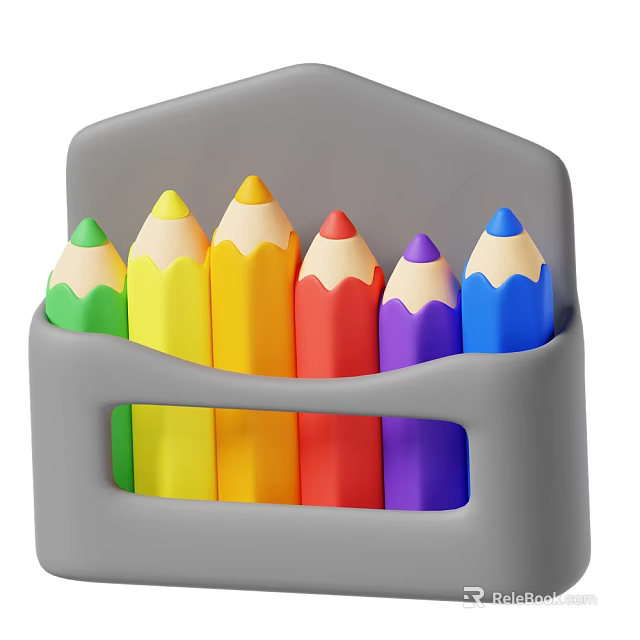 Colored Pencils Stored in Grey Holder with Green Yellow Orange Red Purple Blue Colors 3d model 