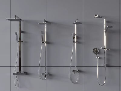 Modern Shower Systems Mounted on Gray Tiled Wall with Different Styles 3d model