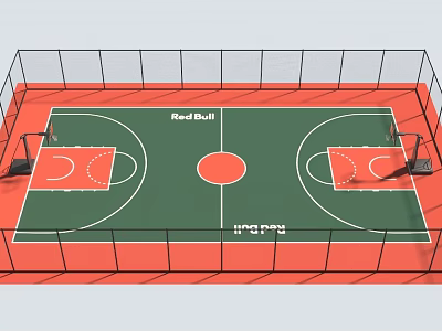 Modern Red Fenced Basketball Court With Green Surface Red Bull And JUMPMAN Logos 3d model