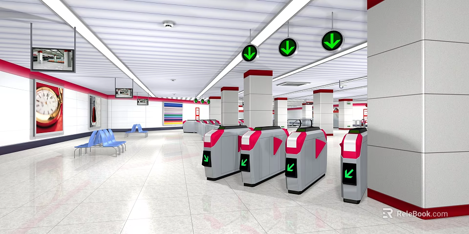 Modern Station Interior With Automatic Turnstiles Green Arrow Signs White Ceiling Columns And Blue Seats 3d model 
