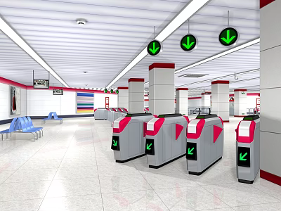 Modern Station Interior With Automatic Turnstiles Green Arrow Signs White Ceiling Columns And Blue Seats 3d model