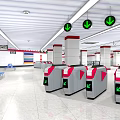 Modern Station Interior With Automatic Turnstiles Green Arrow Signs White Ceiling Columns And Blue Seats