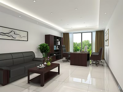 Modern Office Interior With Open Layout Sofa Coffee Table Desk Chair Green Plant And Window 3d model