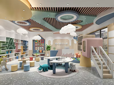Modern Colorful Kindergarten Interior Design With Bookshelves Round Tables Toys And Cloud Decorations 3d model