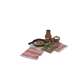 Traditional Breakfast Food with Fried Eggs Sliced Meat and Green Onions in Cast Iron Pan