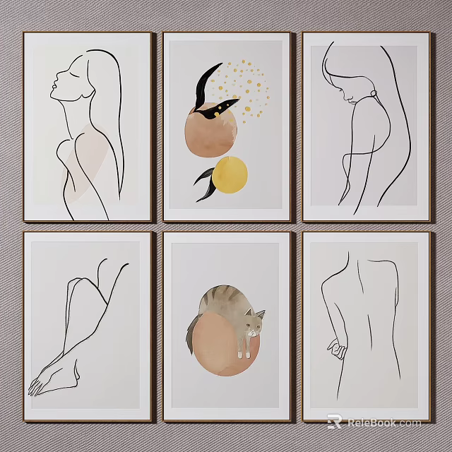 Framed Modern Line Art Prints With Female Silhouettes And Cat Design 3d model