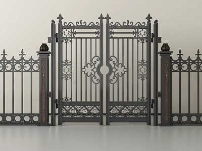 Classic Wrought Iron Gate With Intricate Decorative Patterns And Pillar Fence 3d model