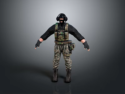 Tactical Military Character Wearing Camouflage Pants Tactical Vest And Headphones 3d model