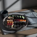 Assorted Sushi Rolls On Gray Ceramic Plate With Wooden Table Gray Cup And Linen Cloth