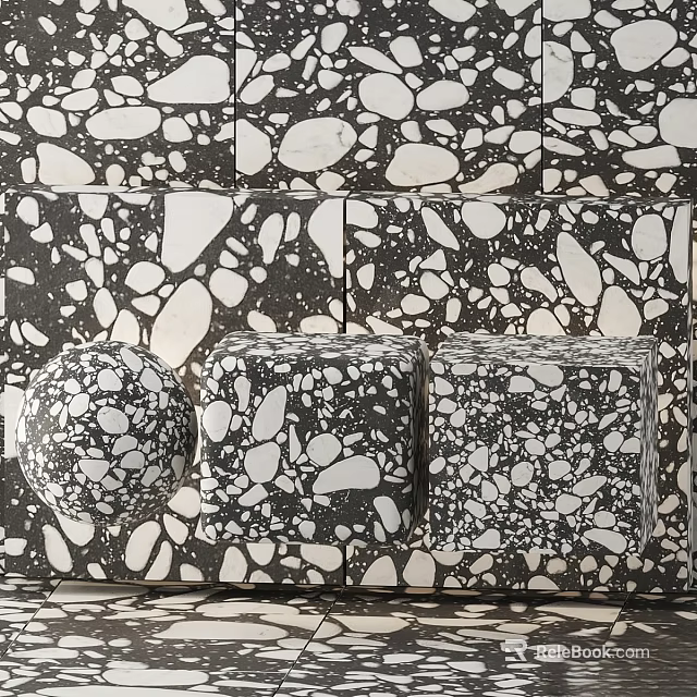 Black And White Terrazzo Texture Components Featuring Spherical And Cubic Shapes 3d model 