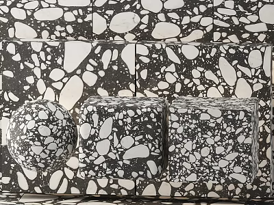 Black And White Terrazzo Texture Components Featuring Spherical And Cubic Shapes 3d model