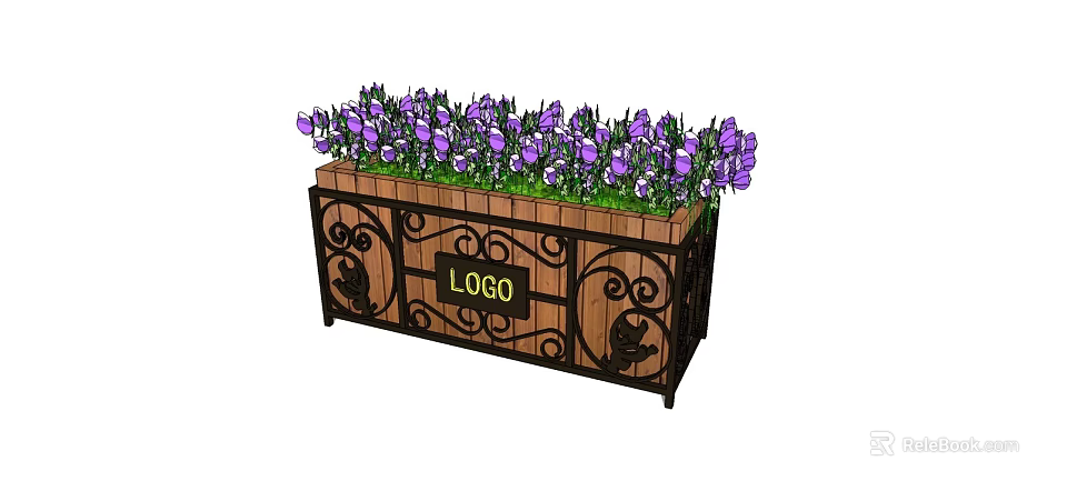 Wooden Flower Planter with Black Iron Decoration Purple Flowers Green Plants and Logo 3d model 