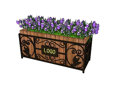 Wooden Flower Planter with Black Iron Decoration Purple Flowers Green Plants and Logo 3d model
