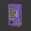 Purple Vending Machine Interior with Yellow Stars Decoration and Assorted Drink Bottles