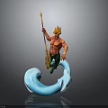 Mythical Muscular Ocean Figure With Golden Hair And Trident Riding Blue Wave Creature