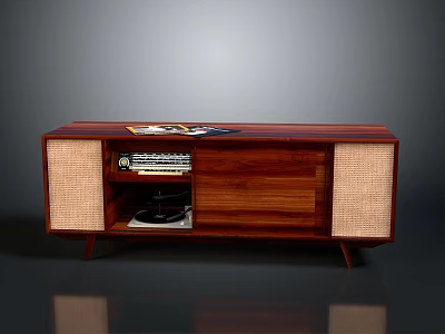 Wooden TV Stand With Woven Side Panels Open Storage Vinyl Record Player And Magazines 3d model