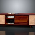 Wooden TV Stand With Woven Side Panels Open Storage Vinyl Record Player And Magazines