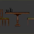 Classic Wooden Dining Table with Six Chairs Green Cushions and Silver Vases