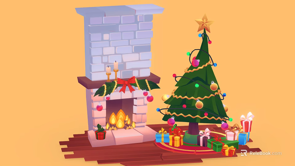 Christmas Decorative Ornament Set with Fireplace Christmas Tree Gift Boxes and Baubles 3d model 