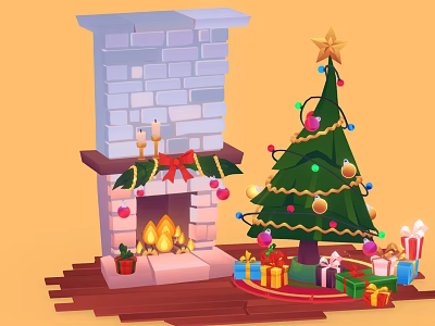 Christmas Decorative Ornament Set with Fireplace Christmas Tree Gift Boxes and Baubles 3d model