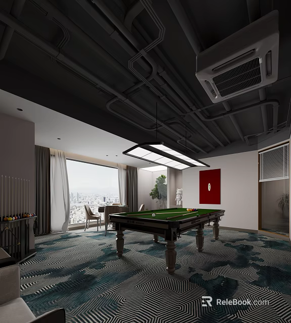 Modern Billiard Room Interior With Pool Table Hanging Light Large Windows And Decorative Rug 3d model 