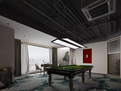 Modern Billiard Room Interior With Pool Table Hanging Light Large Windows And Decorative Rug 3d model