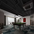Modern Billiard Room Interior With Pool Table Hanging Light Large Windows And Decorative Rug