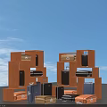 Multi layered Orange Storage Shelves with Colorful Suitcases and Electronic Devices